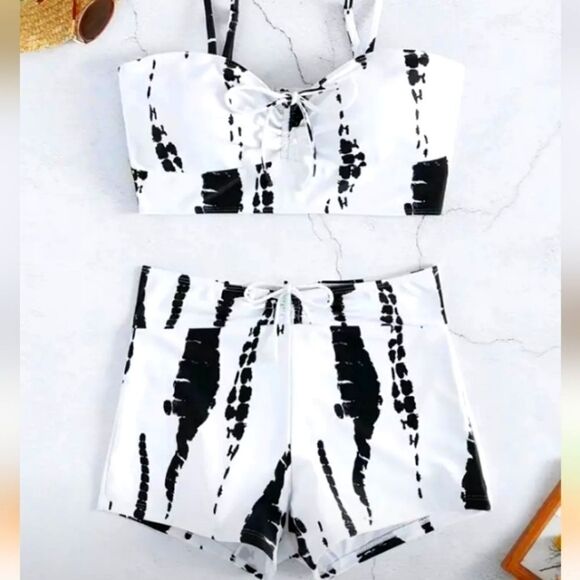 All Over Print Tie Front Boxer Short Bikini Swimsuit, Women's Swimwear sz large - Picture 13 of 15